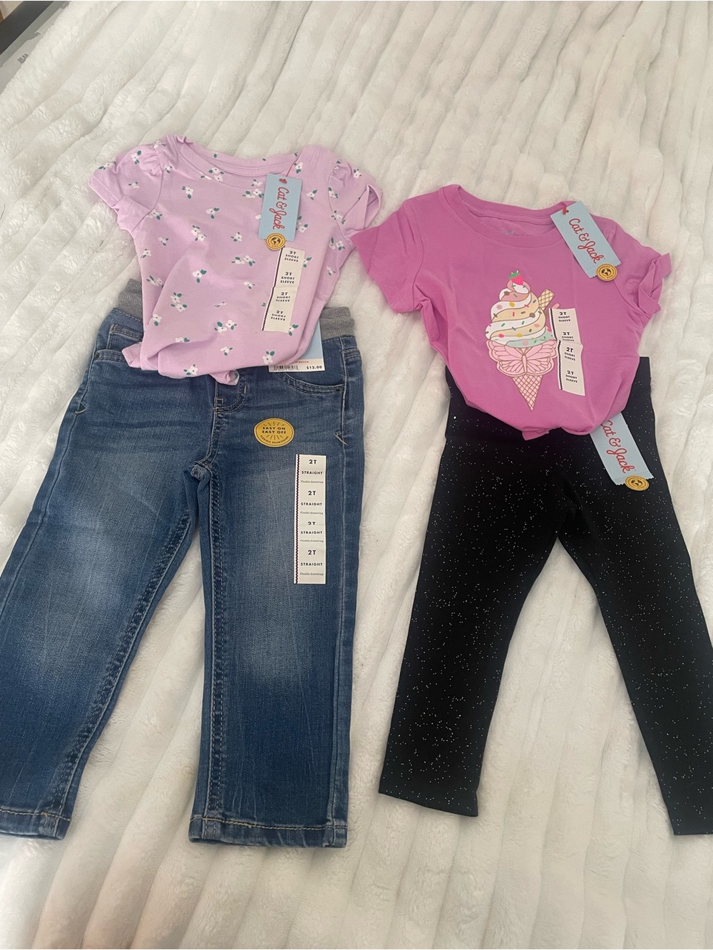 Cat & Jack Girls' Mixed Outfit - Pink Tops, Denim Jeans, Black Sparkle Leggings - Picture 2 of 6